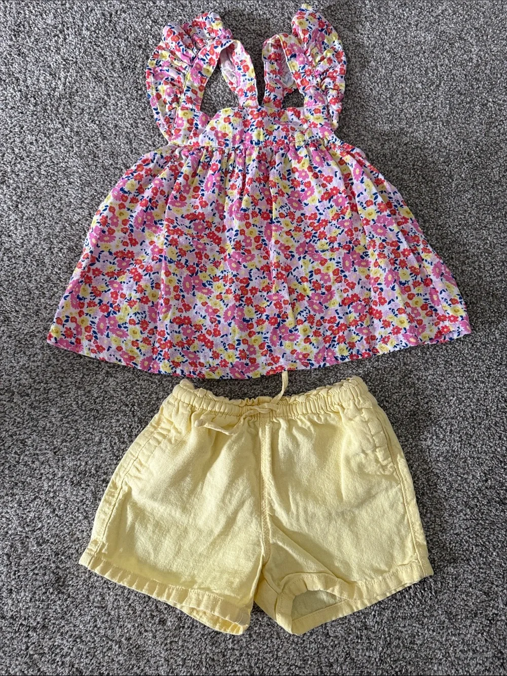 Girls Floral Ruffle Strap Tank with Yellow Shorts